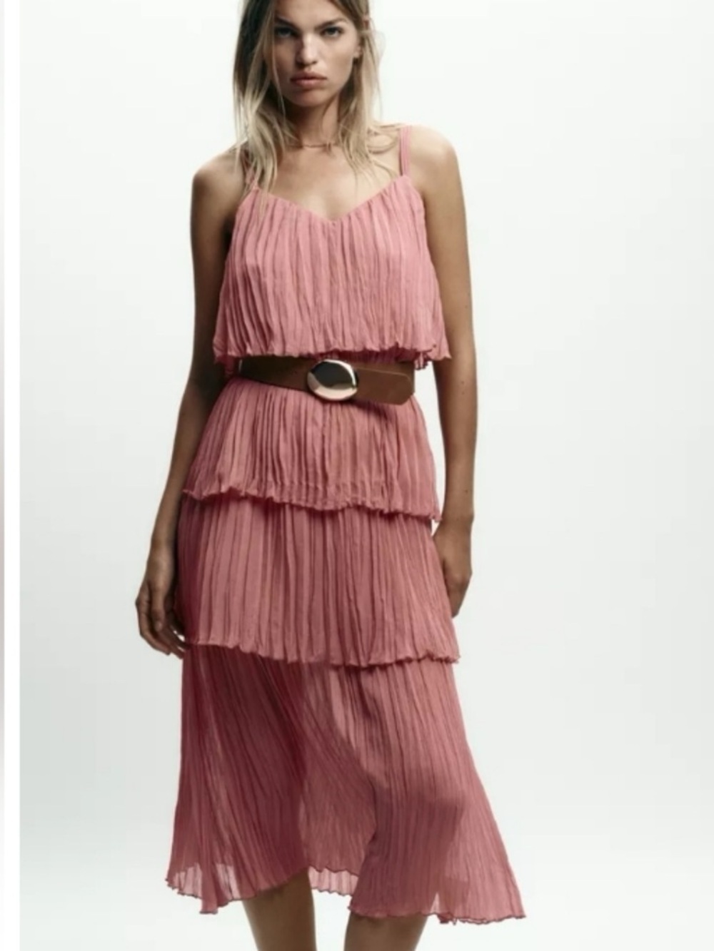 ZARA Tiered Pink Midi Dress Belted Crinkle Chiffon Boho Size S NWT Read
